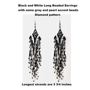 Black and White Long Beaded Earrings - Vintage - 3 3/4 inches long